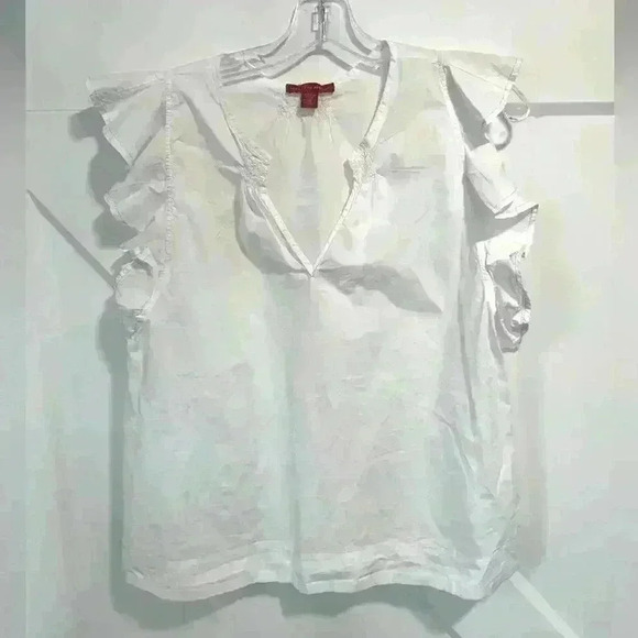 SAKS FIFTH AVENUE COTTON POPOVER TOP WITH RUFFLE AROUND ARM OPENING Sz.S - Picture 1 of 6